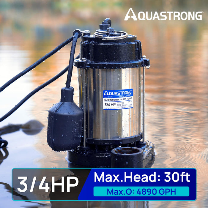 SES075 3/4 HP Sump Pump Stainless Steel, 4890 GPH - Aquastrong