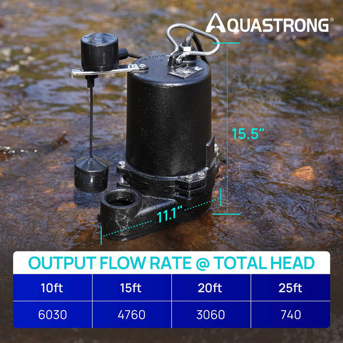 Cast Iron Sewage Pump 1/2 HP, 6030 GPH - Commercial-Grade Sewage System