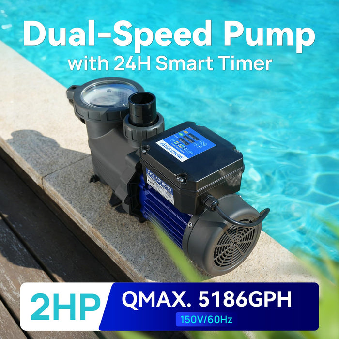 PSP200ADT 2 HP 115V Pool Pump Dual Speed with Timer, 5186 GPH