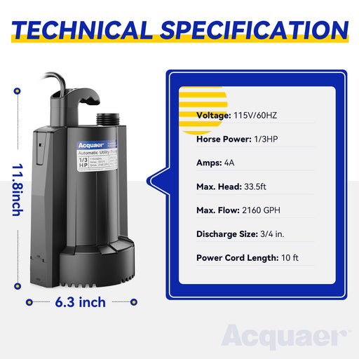 AUP033-6 1/3 HP 115V Automatic Sump Pump, 2160 GPH - Aquastrong