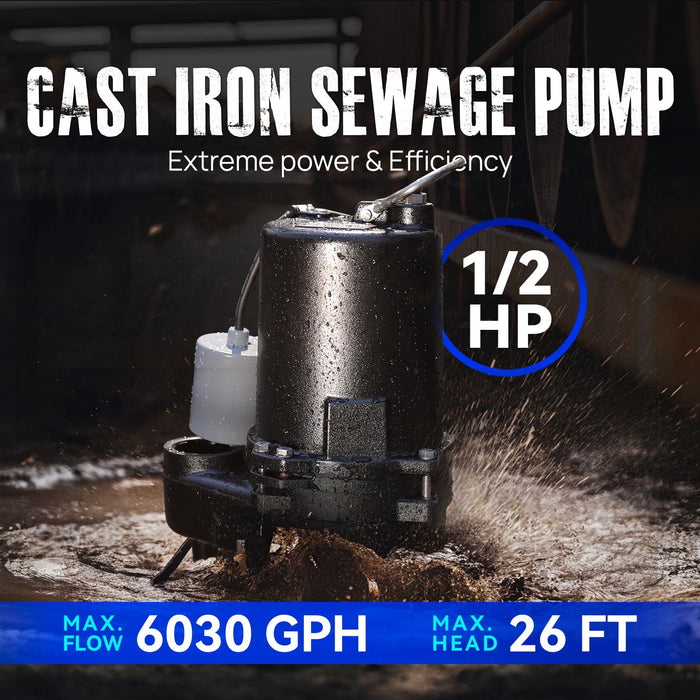 Cast Iron Sewage Pump 1/2 HP, 6030 GPH - Commercial-Grade Sewage System