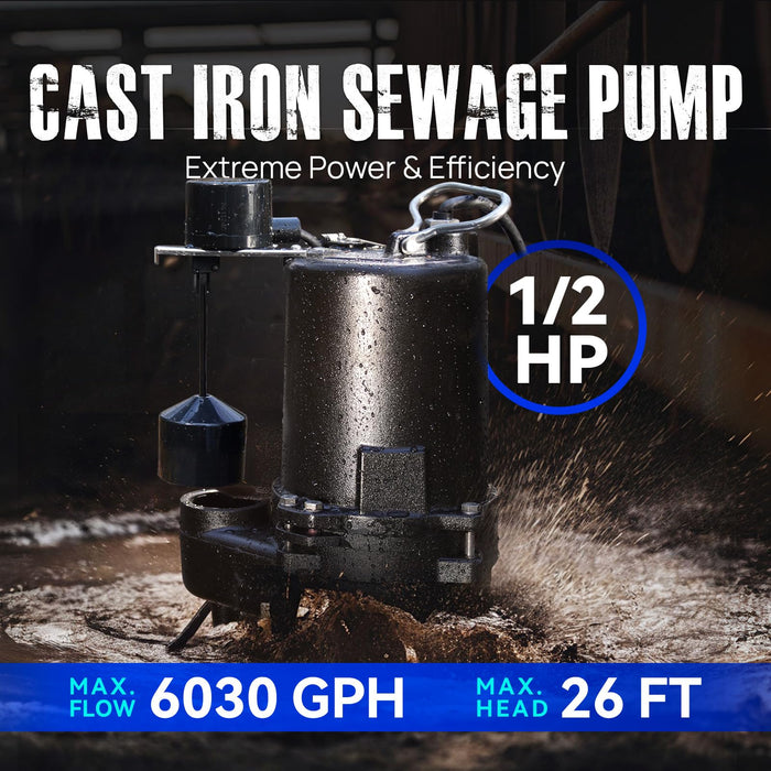 Cast Iron Sewage Pump 1/2 HP, 6030 GPH - Commercial-Grade Sewage System