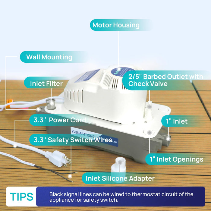 CDS125STU 1/30 HP 115V HVAC Condensate Pump with 19.7ft Tubing, 70 GPH - Aquastrong