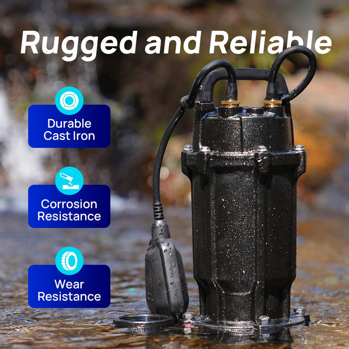 Cast Iron Sewage Grinder Pump 1 HP, 4200 GPH 2 inch Discharge with Auto Float Switch