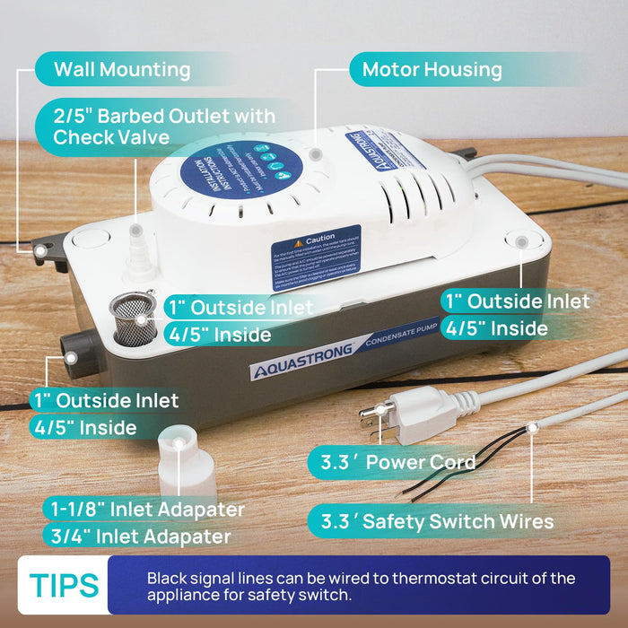 CDS320TU 1/38 HP 85 GPH HVAC Condensate Pump with 19.7ft Tubing, 115V/230V - Aquastrong