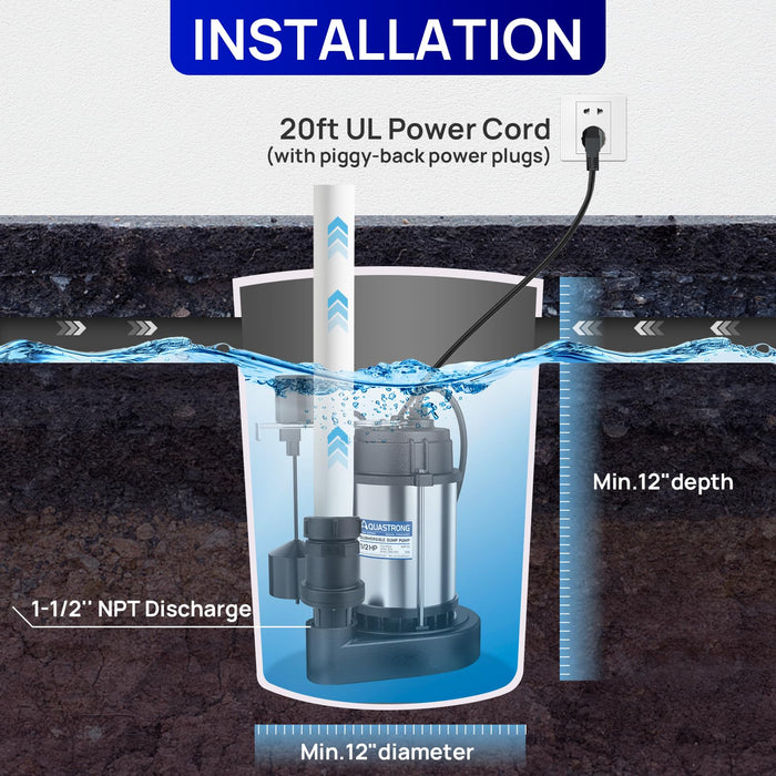 SES050V 1/2 HP Sump Pump Stainless Steel, 3830 GPH - Aquastrong