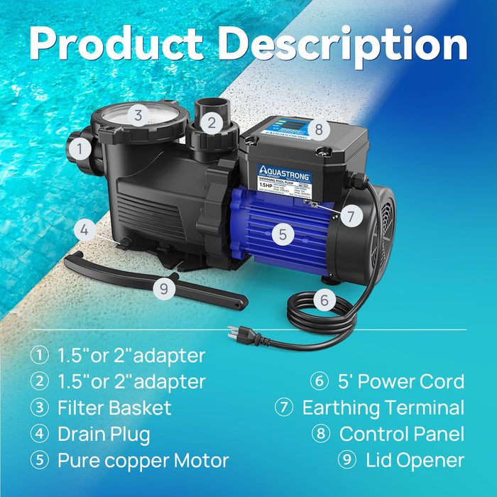 PSP150ADT 1.5 HP 115V Pool Pump Dual Speed with Timer, 4795 GPH