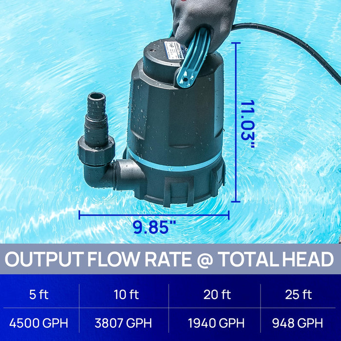 ESU100PM 1 HP Sump Pump with 10ft Power Cord, 4500 GPH - Aquastrong