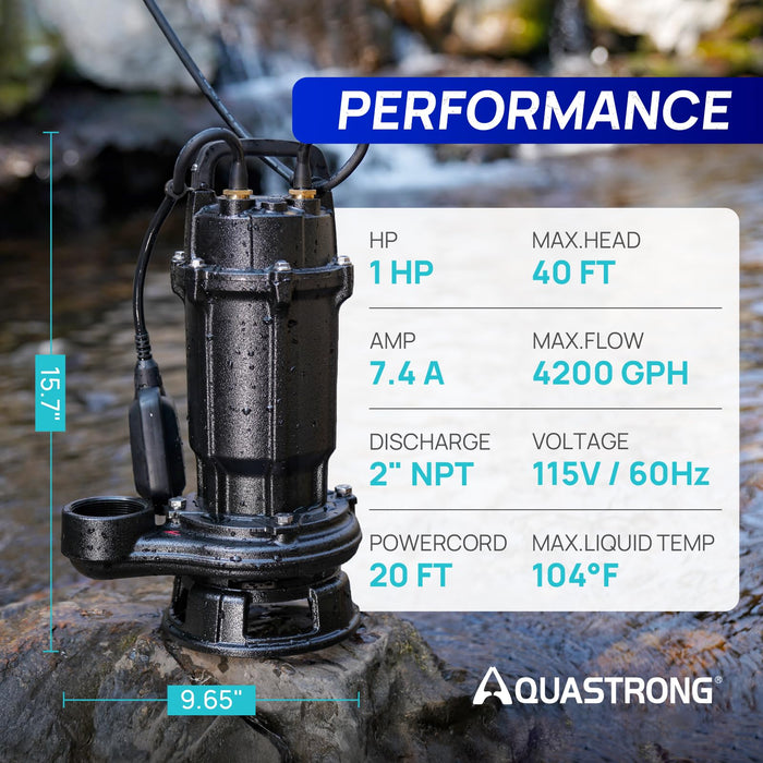 Cast Iron Sewage Grinder Pump 1 HP, 4200 GPH 2 inch Discharge with Auto Float Switch